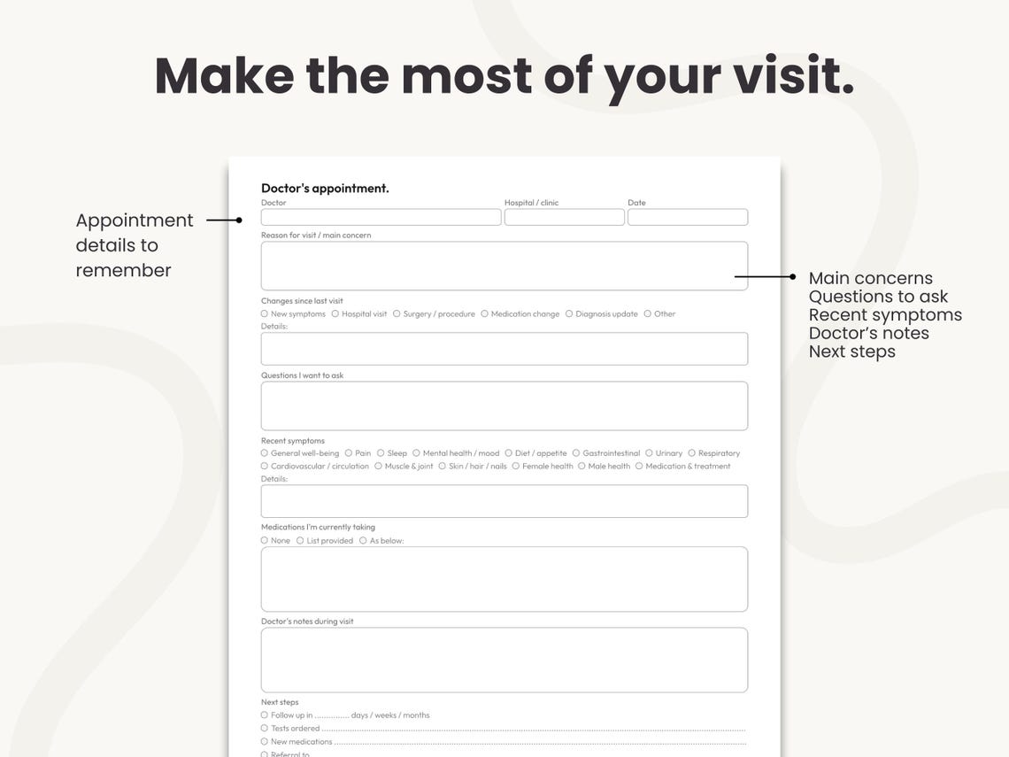 Printable Doctor Visit Preparation Form, Fillable Doctor's Appointment ...