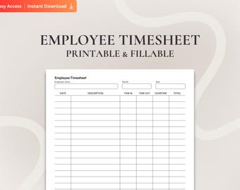 Monthly Employee Timesheet Template Printable PDF, Fillable One-Employee Work Log, Time In Time Out Overtime Tracker Form Sheet