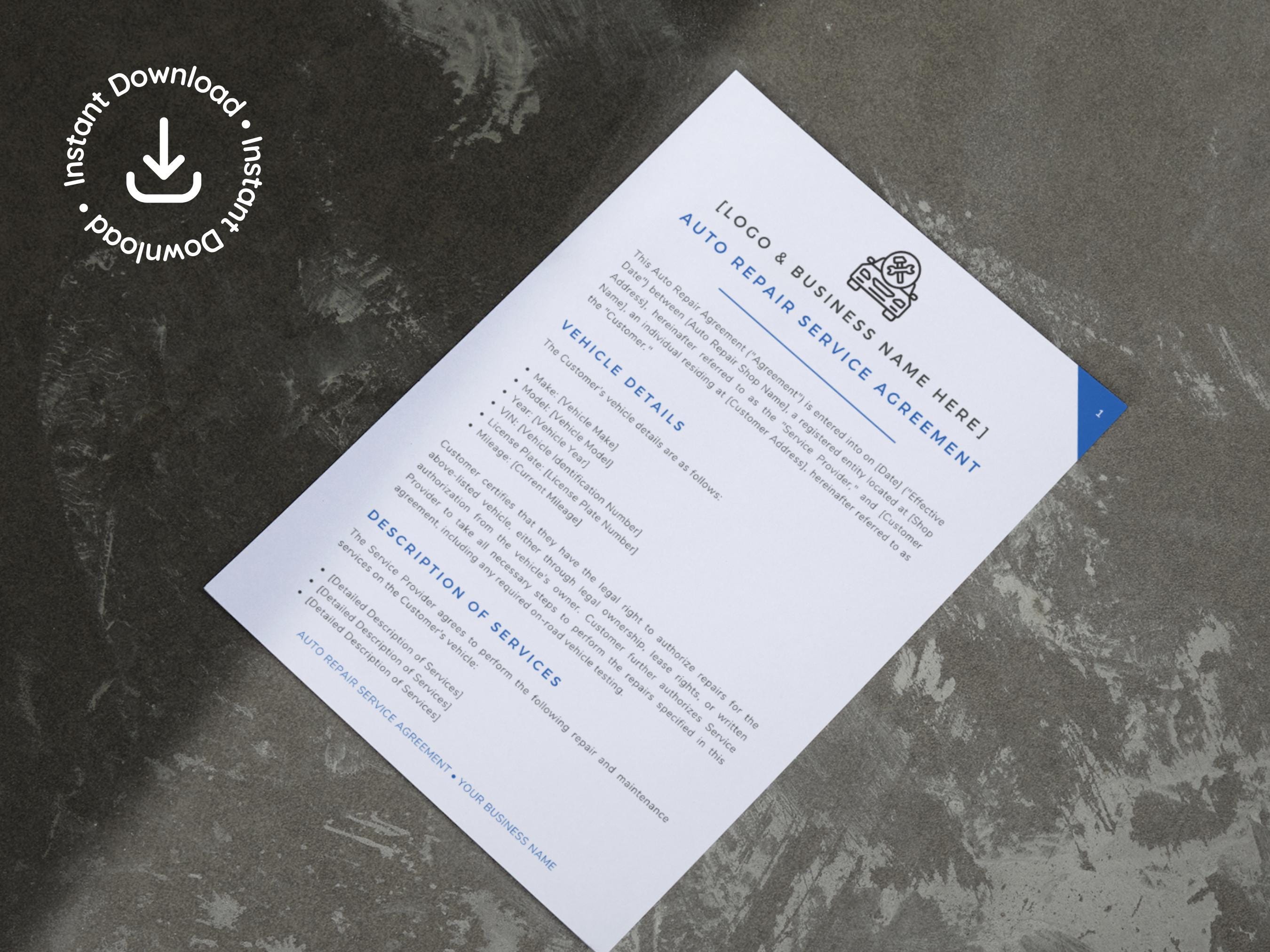 Auto Repair Service Agreement Template • Vehicle Maintenance Contract Auto Repair Service Agreement Template • Vehicle Maintenance Contract
