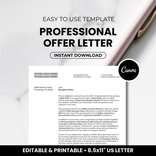 Professional Offer Letter Template • Customizable Job Offer Letter Template for HR & Business Use • Editable New-Hire Employment Offer Form
