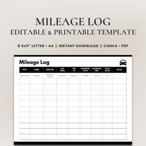 Modèle de journal de kilométrage automobile • Enregistrement du kilométrage de la voiture • Compteur de distance du véhicule • Journal du compteur kilométrique numérique | PDF imprimable et toile modifiable
