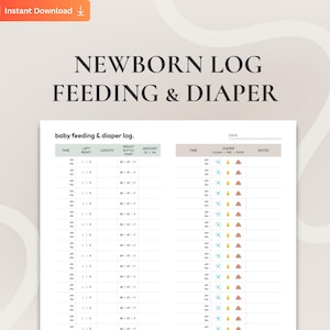 May include: A printable newborn log with the title "NEWBORN LOG FEEDING & DIAPER". The log includes sections for baby feeding and diaper changes, with columns for time, feeding details, and notes. The design is simple, with a neutral color scheme.