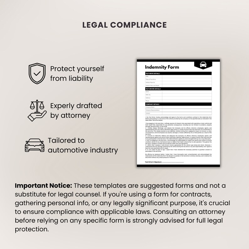 Test Drive Indemnity Form Template • Test Drive Liability Waiver • Printable Release Form ...