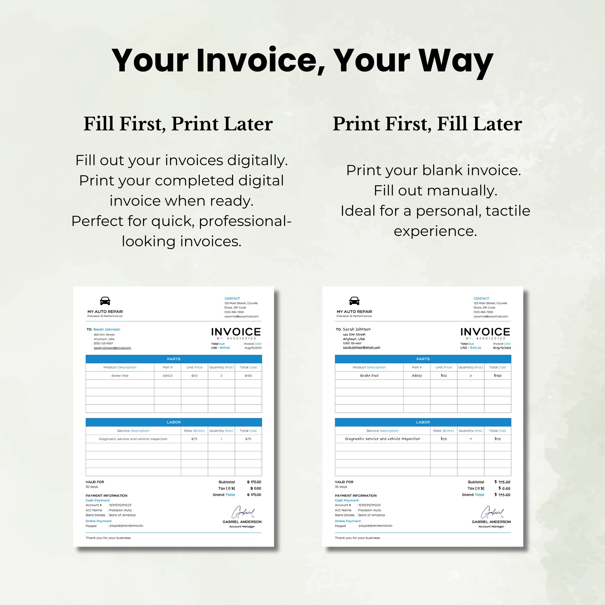 Printable Auto Repair Invoice Template Blank Auto Body Repair Invoice ...