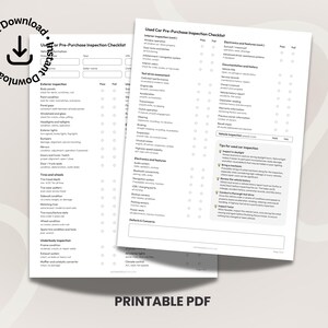 K&ouml;nnte beinhalten: Zwei wei&szlig;e, druckbare PDF-Checklisten f&uuml;r Gebrauchtwagen-Vorabpr&uuml;fungen. Eine Checkliste tr&auml;gt den Titel "Used Car Pre-Purchase Inspection Checklist" und die andere "User Pre-Purchase Inspection Checklist". Das Wort "Instant Download" ist ebenfalls sichtbar.