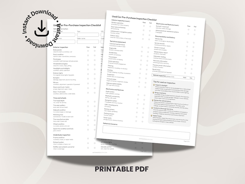 K&ouml;nnte beinhalten: Zwei wei&szlig;e, druckbare PDF-Checklisten f&uuml;r Gebrauchtwagen-Vorabpr&uuml;fungen. Eine Checkliste tr&auml;gt den Titel "Used Car Pre-Purchase Inspection Checklist" und die andere "User Pre-Purchase Inspection Checklist". Das Wort "Instant Download" ist ebenfalls sichtbar.