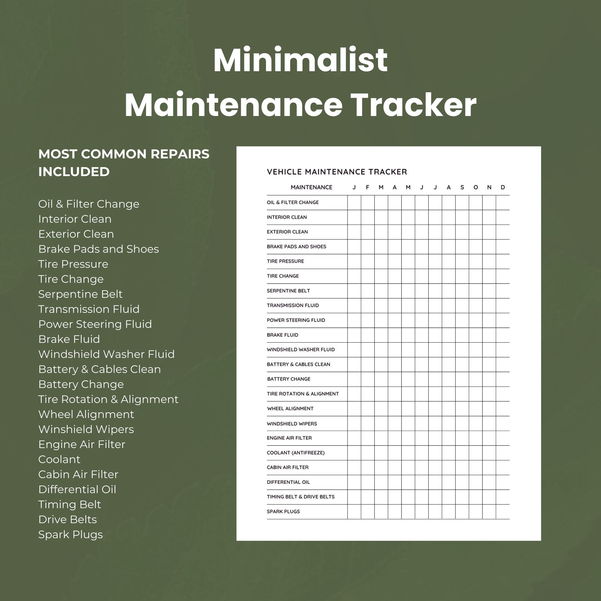 Annual Car Maintenance Tracker Letter Size Vehicle Care Tracker ...