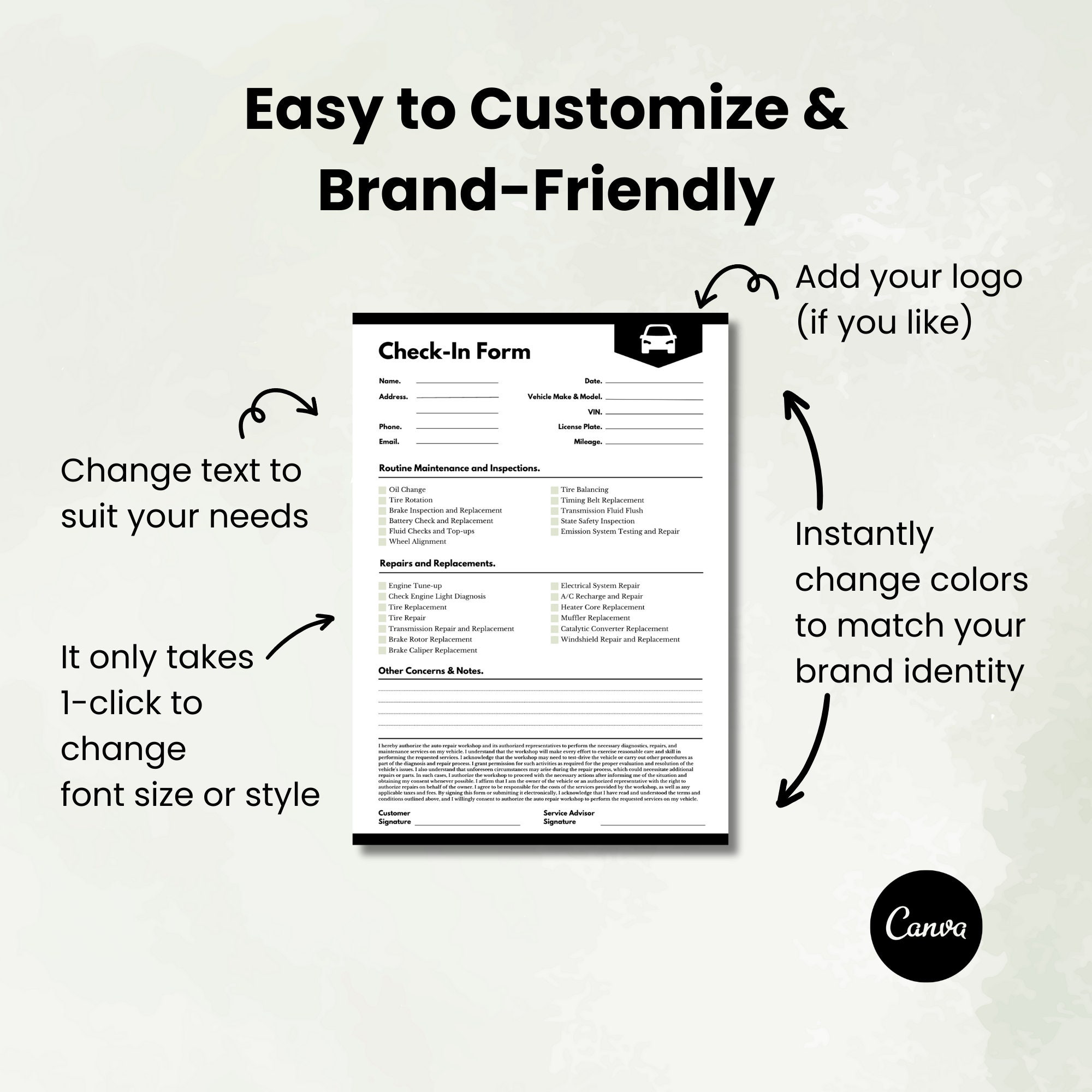 Auto Repair Customer Check in Sheet Template Vehicle Maintenance Client ...