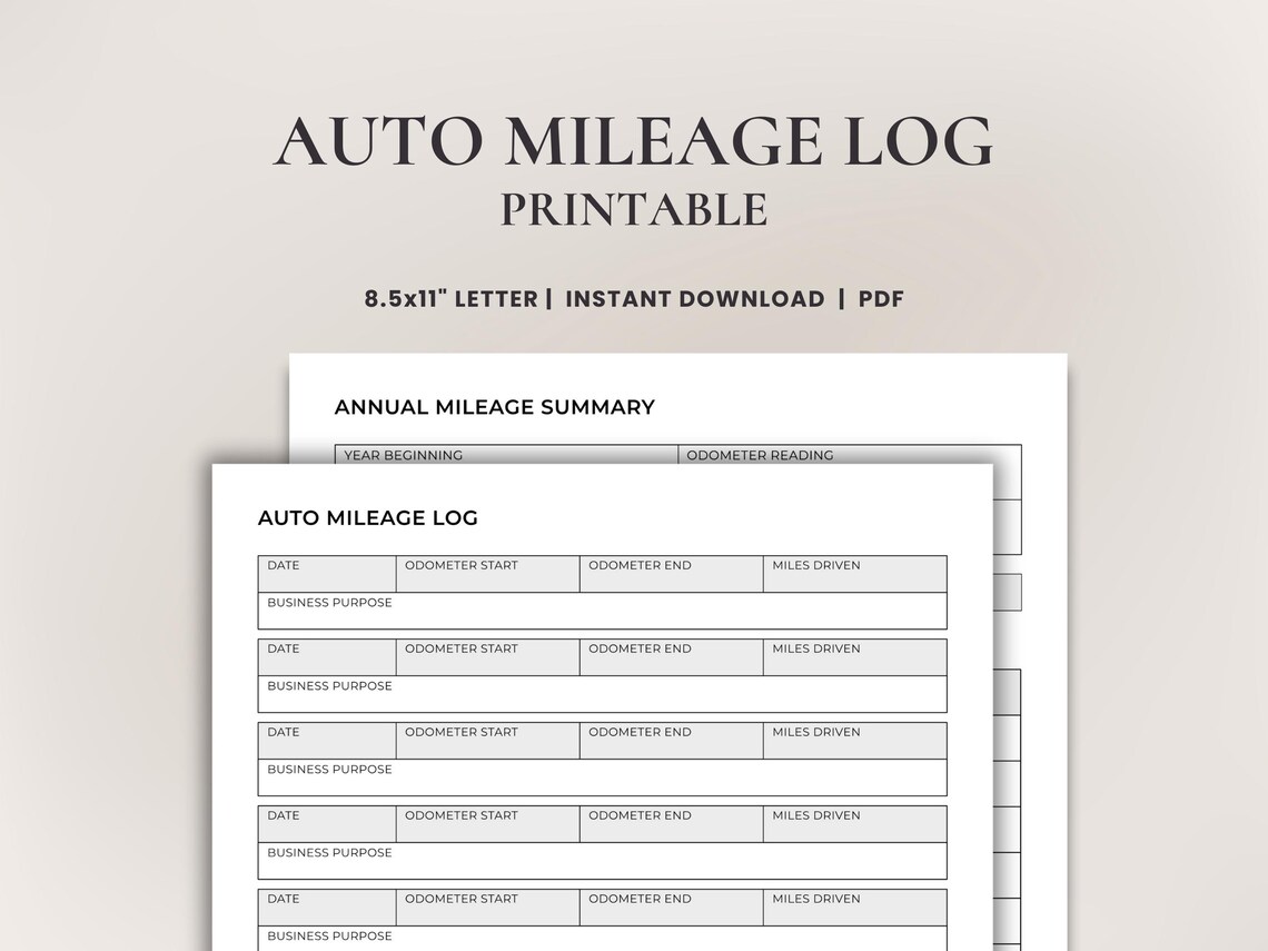 Printable Auto Mileage Log • Small Business Mileage Record • Odometer ...