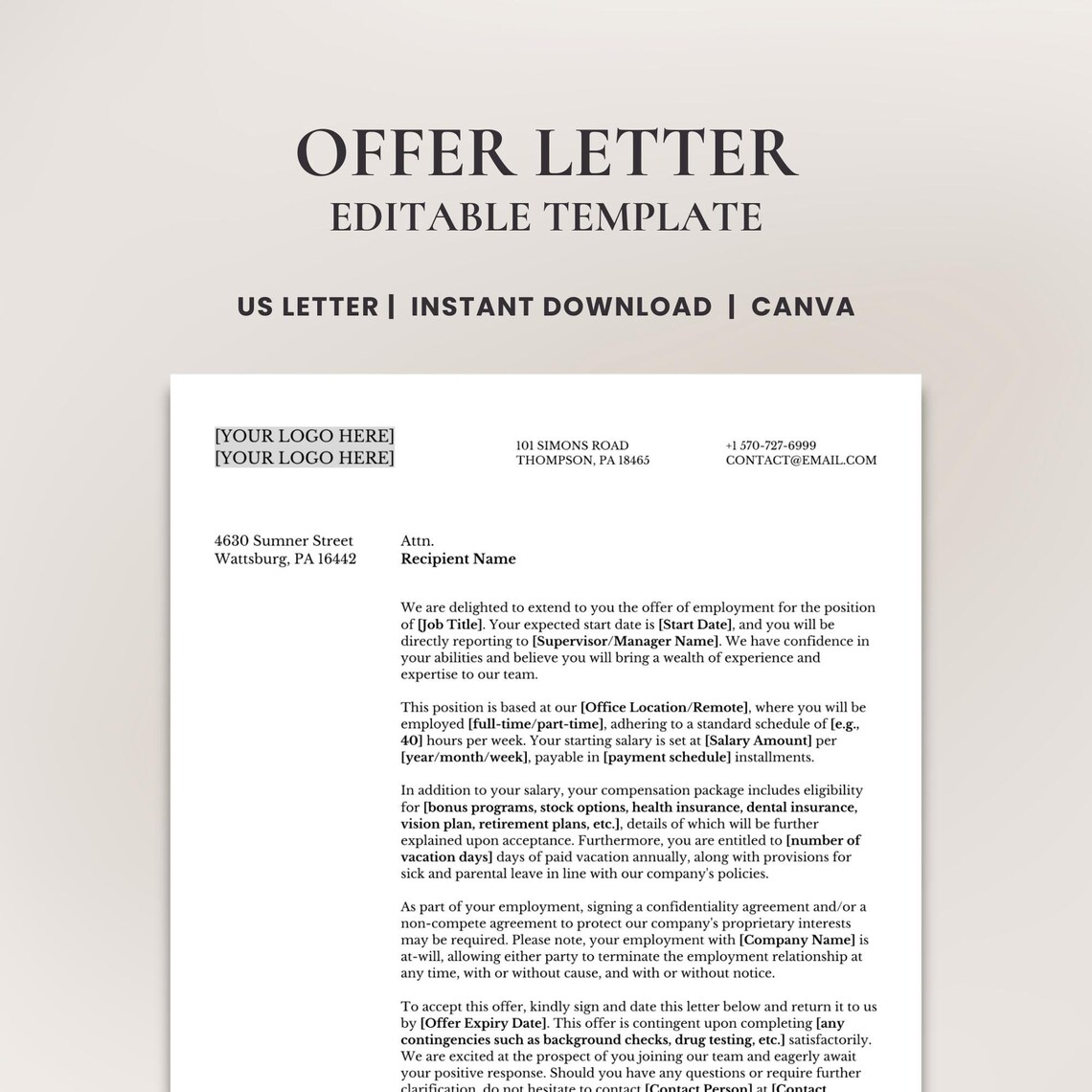 Professional Offer Letter Template • Customizable Job Offer Letter ...