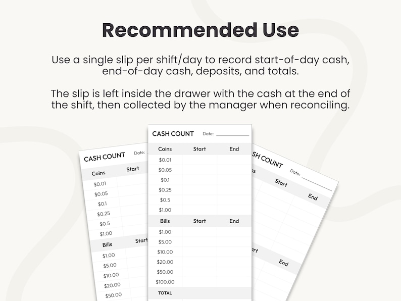 Cash Drawer Count Log Printable, Simple Daily Cash Count Sheet With ...