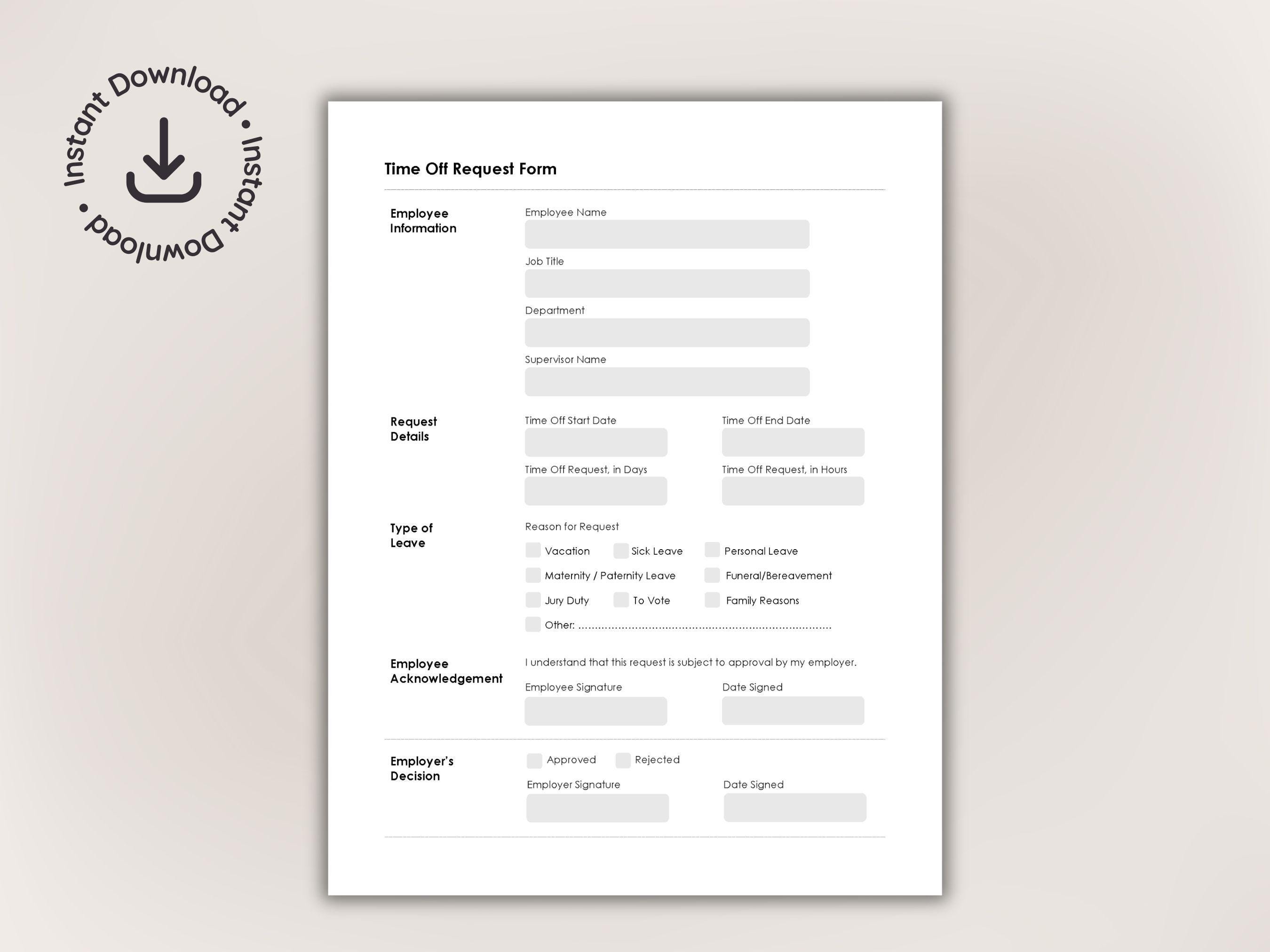 Employee Time off Request Form • Printable PTO Request • Vacation ...