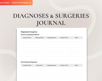Printable Surgical History Tracker, Chronic Illness Medical Diagnosis Log, Medical History Record, Track Past Surgeries and Diagnoses