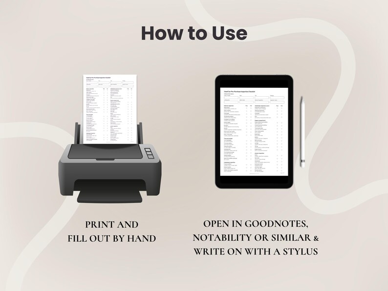 K&ouml;nnte beinhalten: Eine Illustration, die zwei Methoden zur Verwendung eines digitalen Dokuments zeigt. Eine Methode beinhaltet das Drucken und handschriftliche Ausf&uuml;llen, die andere das &Ouml;ffnen auf einem Tablet und das Schreiben mit einem Stift. Der Text lautet "How to Use".