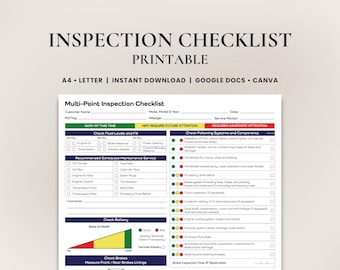 May include: A printable multi-point inspection checklist for vehicles. The checklist includes sections for checking fluid levels, recommended scheduled maintenance, battery health, brakes, and various vehicle systems and components. The checklist is colour-coded with green for "OK at this time", yellow for "May require future attention", and red for "Requires immediate attention".