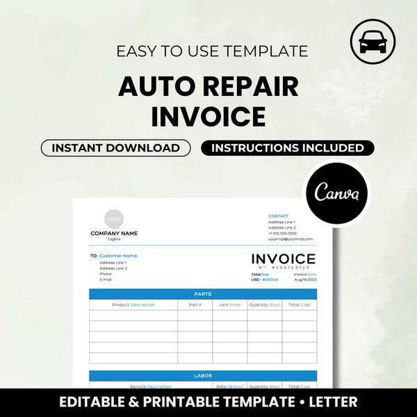 Printable Auto Repair Invoice Template • Blank Auto Body Repair Invoice • Printable Car Repair Billing Form • Editable Canva Template