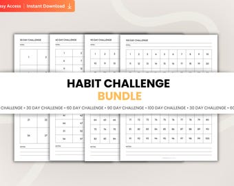 Habit Challenge Bundle Printable, 30 60 90 100 Day Challenge Trackers PDF, Daily Habit Tracker Goal Planner, Productivity Journal Inserts