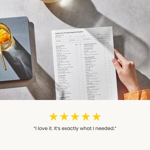 K&ouml;nnte beinhalten: Ein Glas mit orangenfarbenem Getr&auml;nk und goldenem Strohhalm liegt auf einem grauen Notizbuch. Eine Hand h&auml;lt eine gedruckte Checkliste mit der Aufschrift "Used Car Pre-Purchase Inspection Checklist". Das Bild enth&auml;lt eine Kundenrezension mit f&uuml;nf goldenen Sternen und dem Text "I love it. It's exactly what I needed."