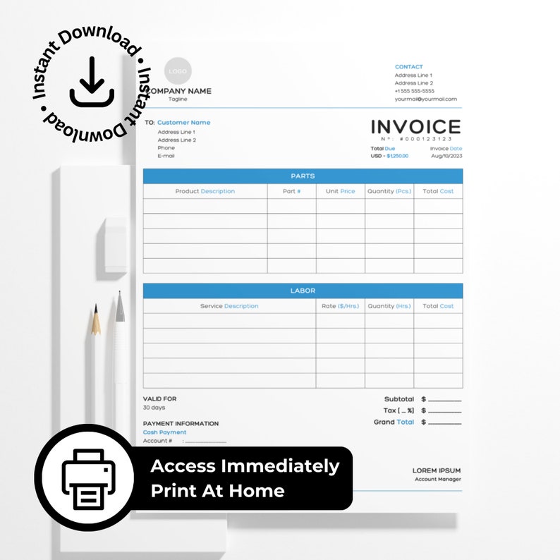 Printable Auto Repair Invoice Template Blank Auto Body Repair Invoice ...