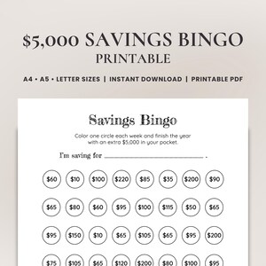 May include: A printable bingo card with a savings theme. The card has a title that says "Savings Bingo" and instructions to colour one circle each week to save £5,000 by the end of the year. The card has 25 circles with pound sterling amounts ranging from £10 to £220.