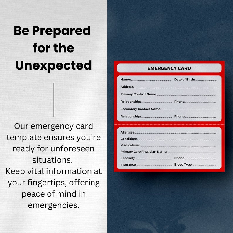 Printable Emergency Card Template Emergency Card for Wallet Emergency