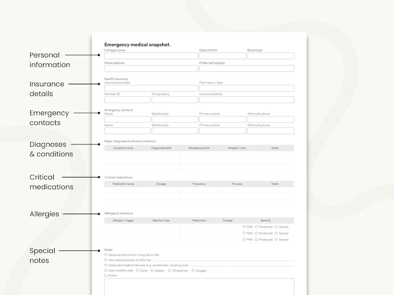 Printable Emergency Medical Info Sheet PDF, Fillable & Printable Health ...