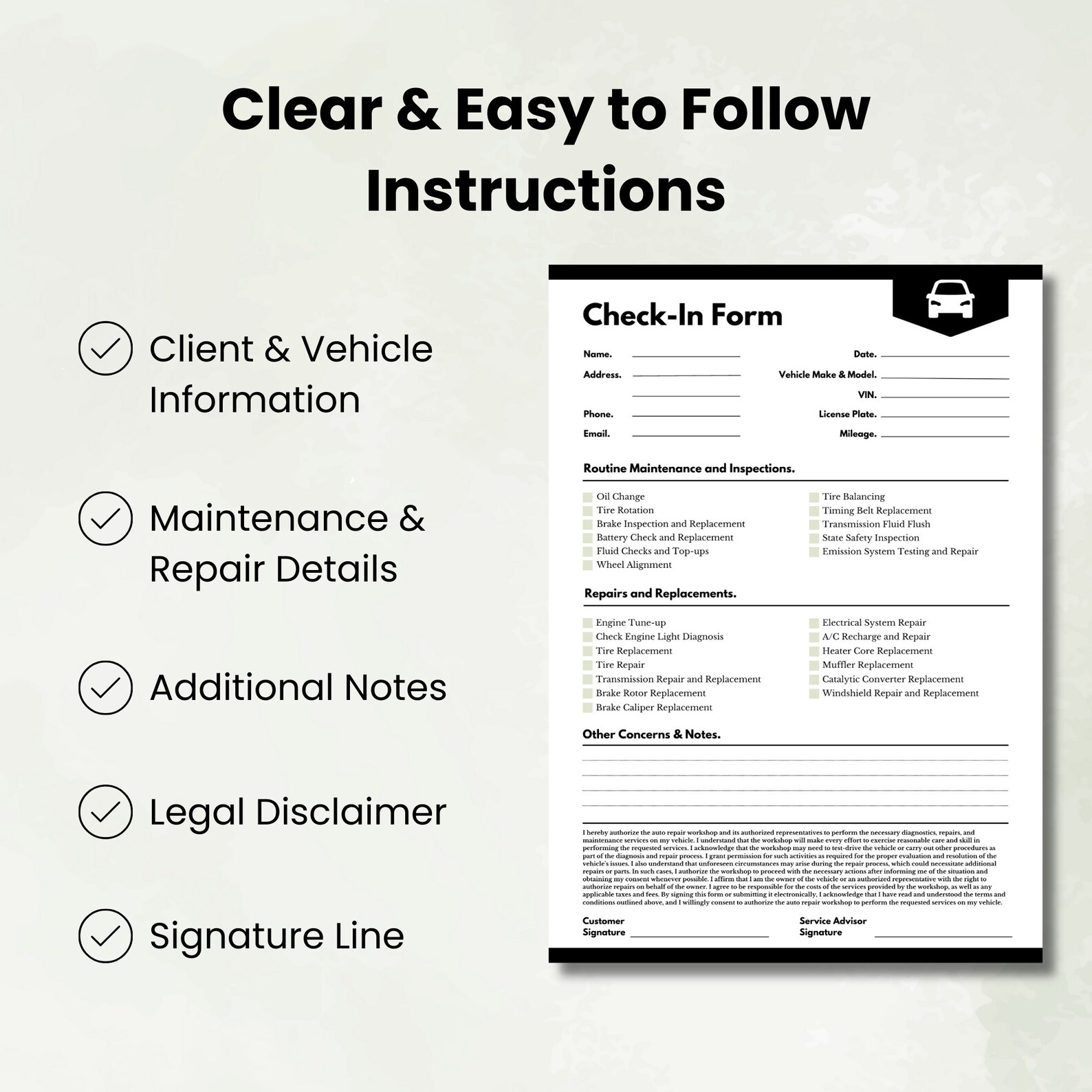 Auto Repair Customer Check in Sheet Template Vehicle Maintenance Client ...