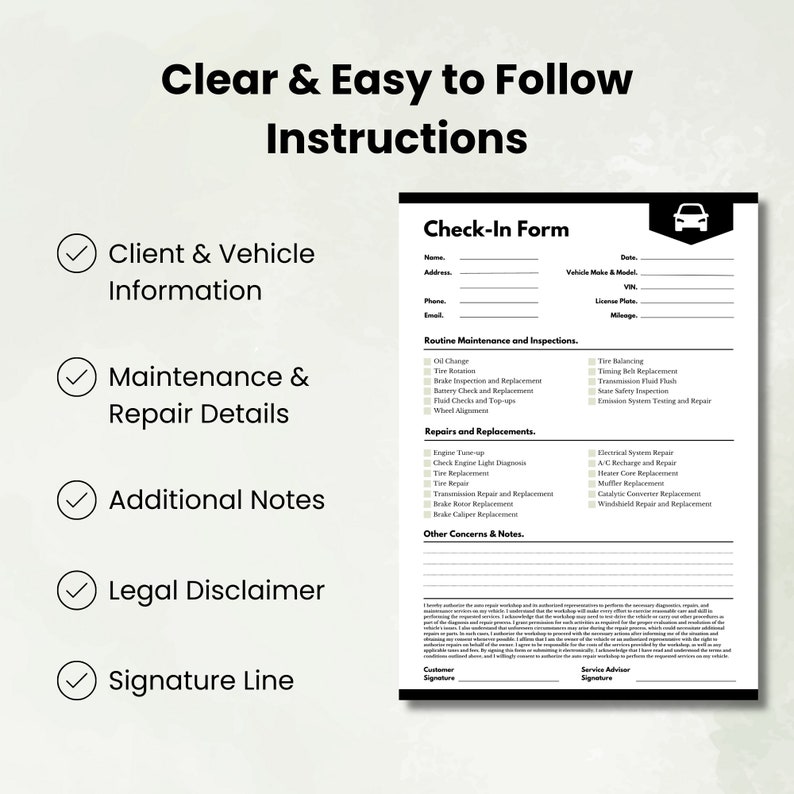 Auto Repair Customer Check in Sheet Template Vehicle Maintenance Client Intake Form Car Repair