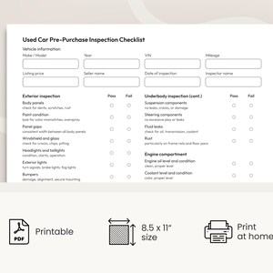 K&ouml;nnte beinhalten: Eine druckbare Checkliste f&uuml;r die Gebrauchtwagen-Vorabnahme. Das Dokument enth&auml;lt Abschnitte f&uuml;r Fahrzeuginformationen, Au&szlig;eninspektion, Unterbodeninspektion und Motorraumkontrollen. Die Checkliste ist 21,6 x 27,9 cm gro&szlig; und kann zu Hause ausgedruckt werden.