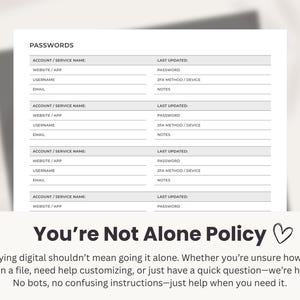 May include: A white password organizer sheet with sections for account details and last updated information. The text "PASSWORDS" is at the top. Below, the text "You're Not Alone Policy" is displayed.
