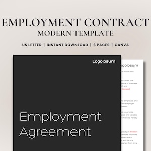 Plantilla de contrato de trabajo moderna • Tamaño carta de EE. UU. de 8,5 x 11 pulgadas • Acuerdo profesional y personalizable para todas las industrias • Listo para usar