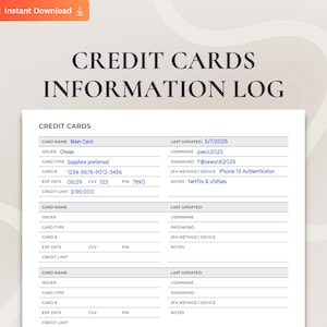 Suivi des informations de carte de crédit, journal des cartes de crédit, liste des comptes de carte de crédit, formulaire d'informations de carte de crédit, informations de carte de crédit imprimable