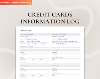 Credit Card Information Tracker, Credit Card Log, Credit Card Account List, Credit Card Information Form, Credit Card Info Printable