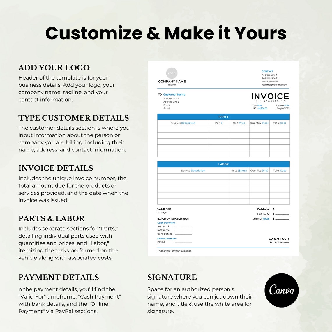 Printable Auto Repair Invoice Template Blank Auto Body Repair Invoice ...