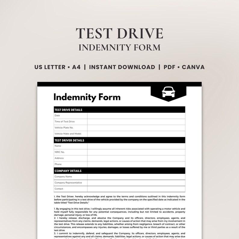 Test Drive Indemnity Form Template • Test Drive Liability Waiver • Printable Release Form ...