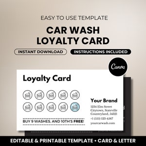 Car Wash loyaliteitskaartsjabloon • Stempel en ponskaart voor Car Wash Business • Koop 9 en krijg de 10e gratis • Direct downloaden • Canva-sjabloon