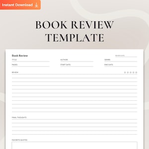 Puede incluir: Una plantilla de reseña de libro blanca con un diseño minimalista. La plantilla incluye campos para el título, el autor, las páginas y los detalles de la reseña. El texto "BOOK REVIEW TEMPLATE" está en la parte superior. Acceso fácil y descarga instantánea.