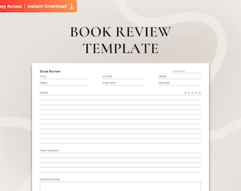 Printable Book Review Template PDF: Fillable Reading Journal for Book Lovers with Author Title Genre Review Rating and Quotes Tracker