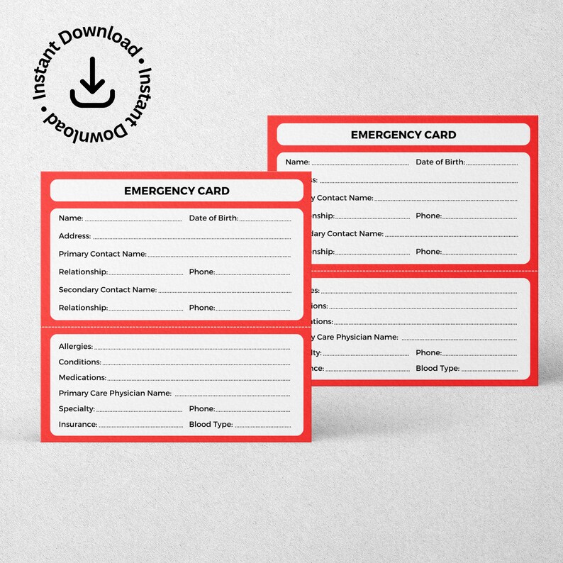 Printable Emergency Card Template Emergency Card for Wallet Emergency ...