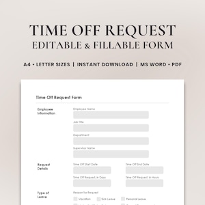 Employee Time Off Request Form • Printable PTO Request • Vacation Request for HR • Employee Leave Application | Editable Word & Fillable PDF