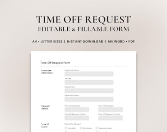 Employee Time Off Request Form • Printable PTO Request • Vacation Request for HR • Employee Leave Application | Editable Word & Fillable PDF