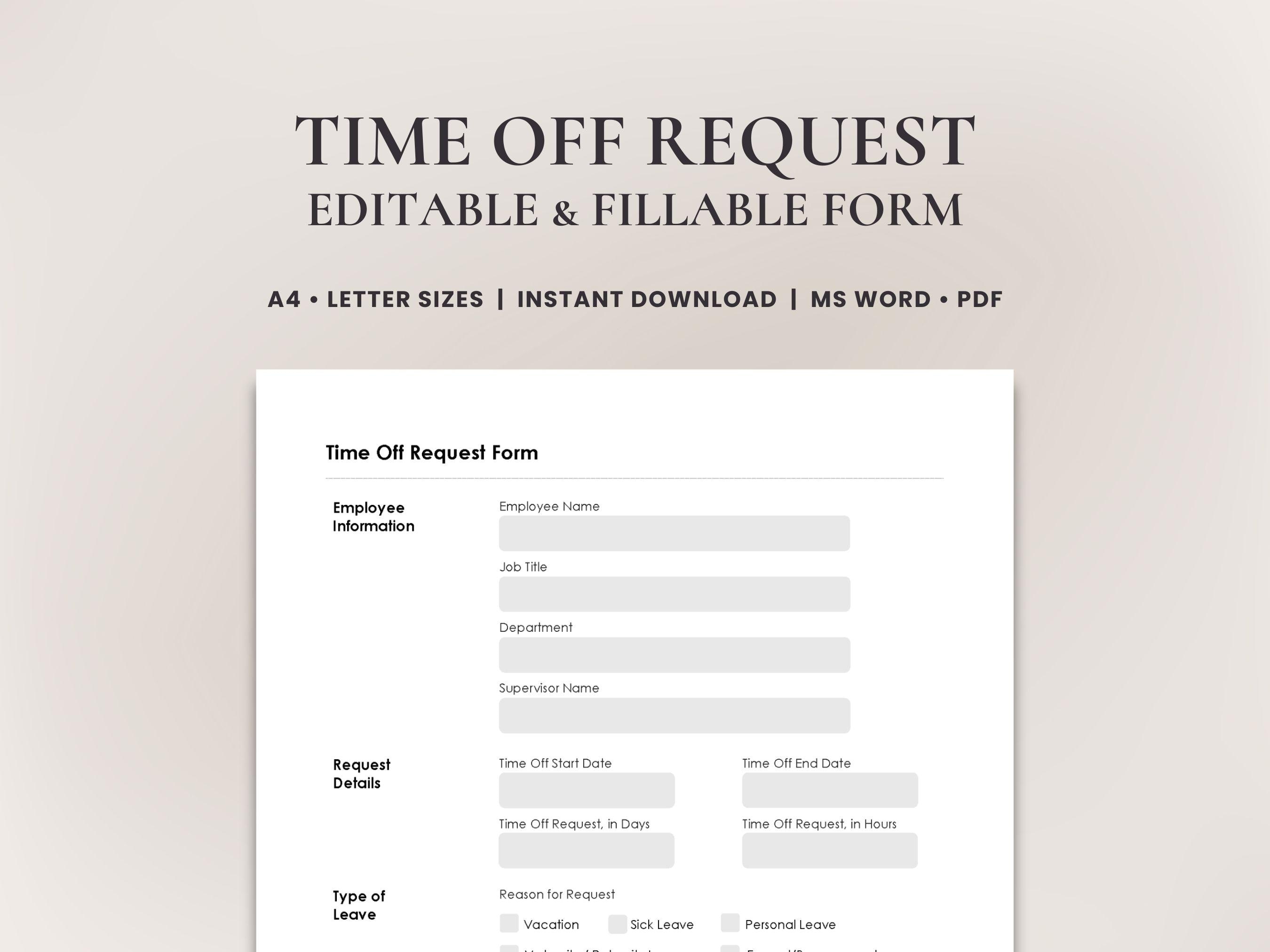 Employee Time off Request Form • Printable PTO Request • Vacation ...