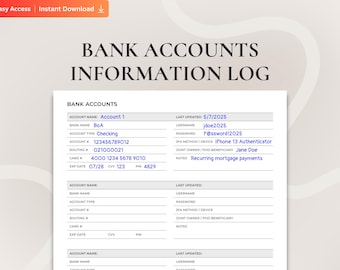 Bank Account Information Tracker, Banking Account Info, Printable Bank Details Organizer, Bank Account Planner, Fillable Bank Account Record