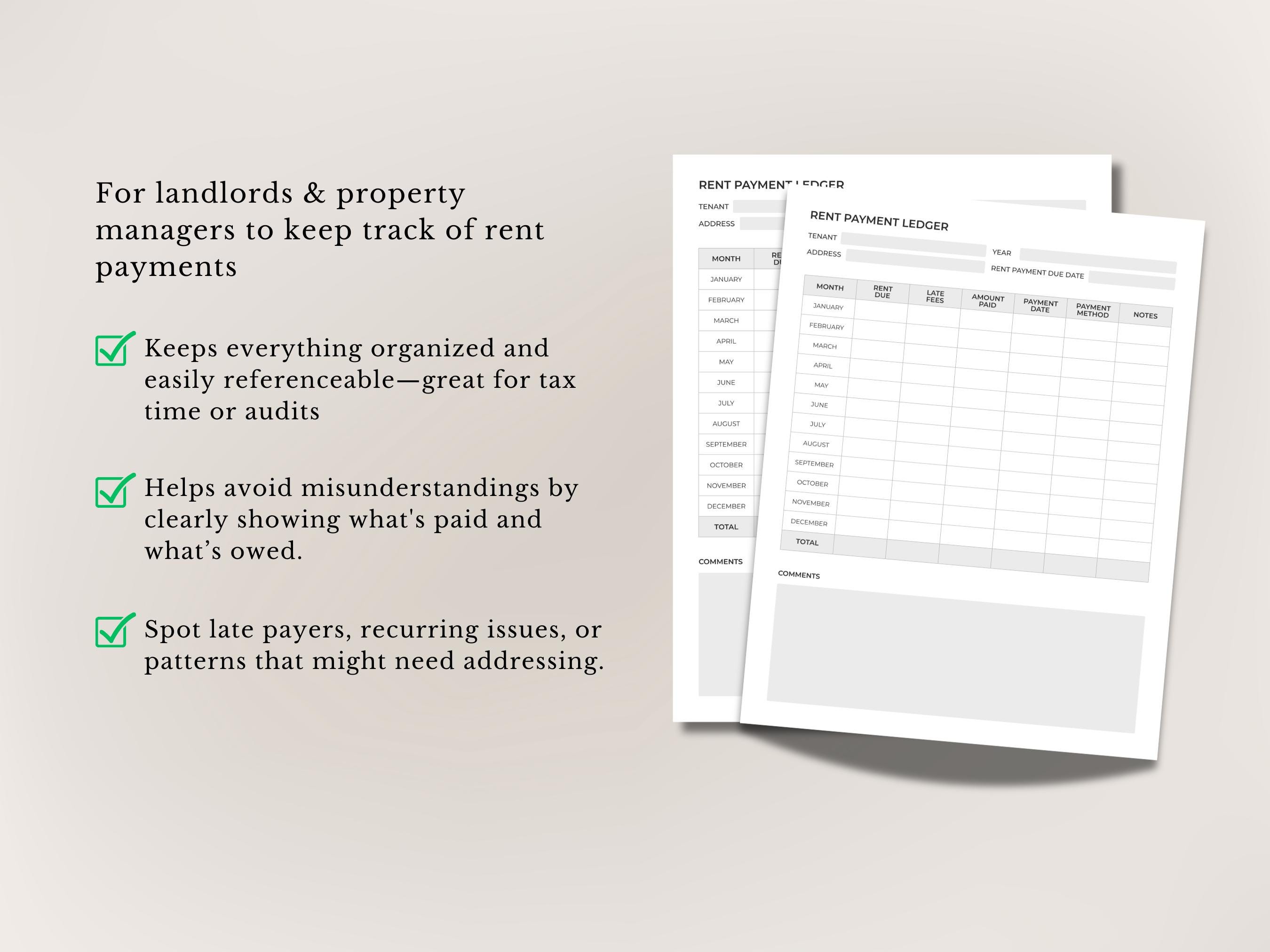 Printable Rent Payment Ledger for Landlords and Property Managers ...