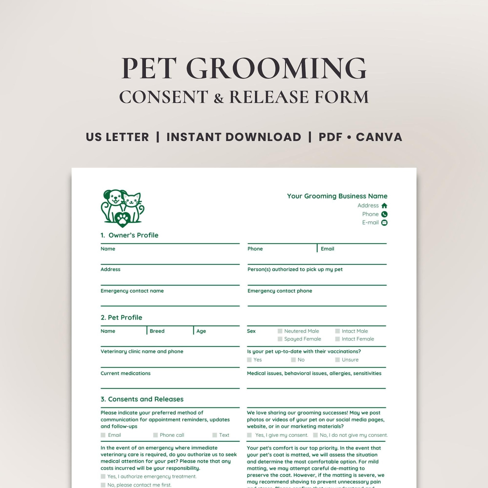 Picture of Pet Grooming Consent and Release Form • Editable Client and Pet Intake ...