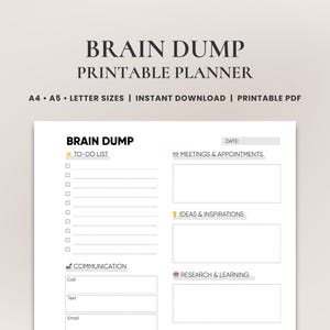 May include: Printable brain dump planner with sections for to-do list, meetings and appointments, ideas and inspirations, communication, and research and learning. The planner is in black and white with yellow, red, and blue icons.