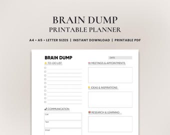 May include: Printable brain dump planner with sections for to-do list, meetings and appointments, ideas and inspirations, communication, and research and learning. The planner is in black and white with yellow, red, and blue icons.