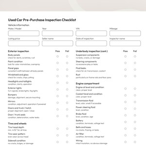 K&ouml;nnte beinhalten: Eine Checkliste f&uuml;r die Inspektion vor dem Kauf eines Gebrauchtwagens. Das Dokument enth&auml;lt Abschnitte f&uuml;r Fahrzeuginformationen, Au&szlig;eninspektion, Unterbodeninspektion, Motorraum sowie Reifen und R&auml;der. Jede Sektion hat eine bestanden/nicht bestanden Spalte.