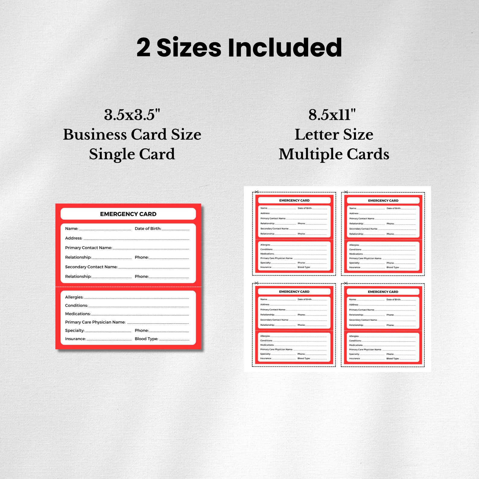 Printable Emergency Card Template Emergency Card for Wallet Emergency Contact Card Business Card