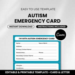 Autisme-noodkaart • Afdrukbare ik ben met autisme-waarschuwingskaart • Spoedeisende zorgkaart voor autisme • Digitale download • Bewerkbare Canva-sjabloon